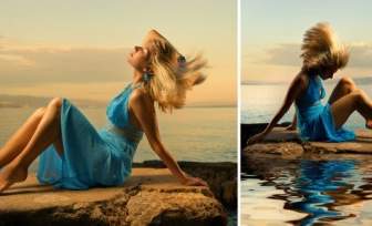 تنورة زرقاء امرأة على شاطئ البحر نمط هايديفينيشن الصورة
