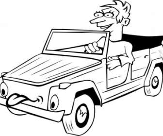 Laki-laki Yang Mengemudi Mobil Kartun Garis Clip Art