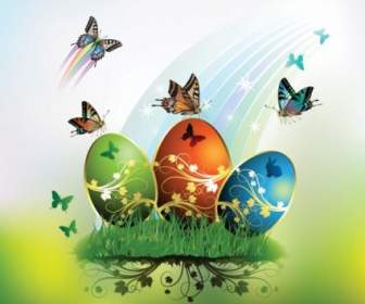 Butterflies And Decorated Easter Egg Cards Vector