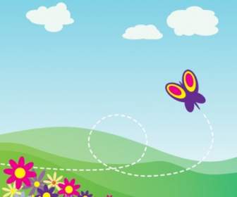 Kartun Bukit Dengan Kupu-kupu Dan Bunga Clip Art