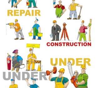 Cartoon Of Workers And Tools Vector