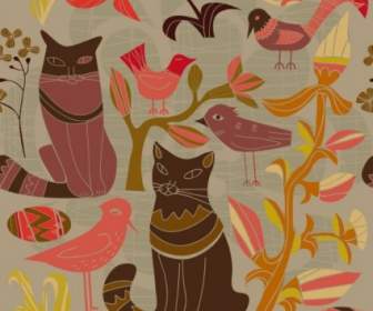 Kartun Gaya Dekoratif Burung Dan Kucing Vektor