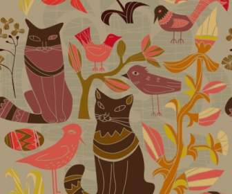 Kartun Vektor Gaya Dekoratif Burung Dan Kucing