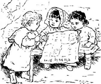 Children Reading Newspaper Clip Art