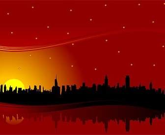 City Highrise Buildings Under The Red Sunset Silhouette Vector