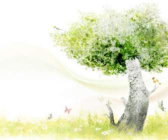 Jelas Gaya Handpainted Pohon-pohon Hijau Psd Berlapis Gambar