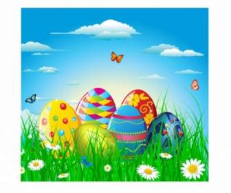 Warna-warni Telur Paskah Di Rumput Dan Bunga