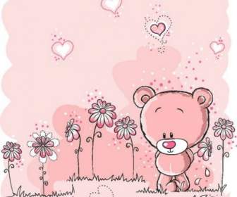 Beruang Merah Muda Yang Lucu Ilustrator Vektor Bunga Garis Rancangan