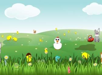 Easter Lanskap Dengan Kelinci Ayam Telur Ayam Bunga