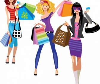 買い物袋の女性のファッション傾向の図のシルエットをベクトルします。