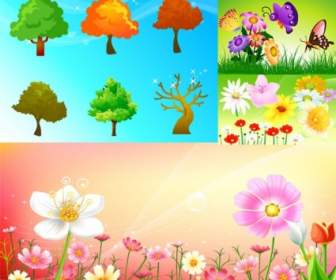 Flowers And Trees Butterflies Vector