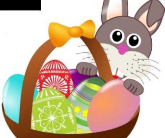 有趣的兔子臉與一籃子中的復活節彩蛋