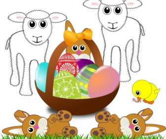 有趣的羊羔兔子和雞與一籃子中的復活節彩蛋