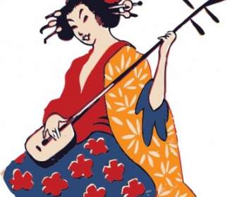 Geisha Jouant Shamisen Clipart