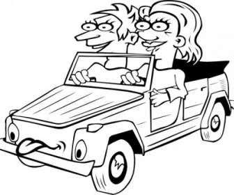 Menina E Menino Dirigindo Carro Cartoon Esboço Clip-art
