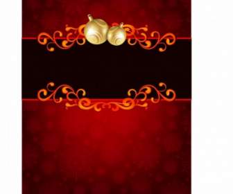 赤の休日カードの背景の上の黄金のクリスマス飾り