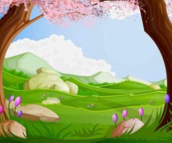 Green Cartoon Landscapes Vector Background