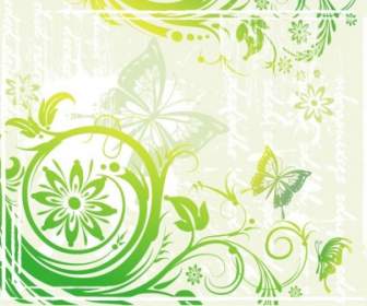 Green Floral And Butterflies Vector Illustration