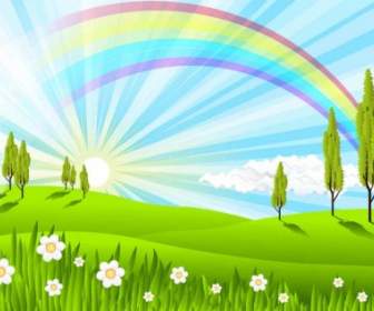 Green Grass Rainbow Vector Background