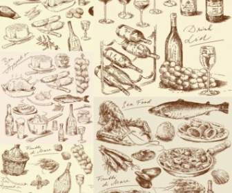Handgezeichneten Entwurf Küche Essen Linienelemente Vektor