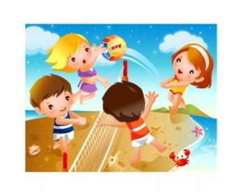 快樂兒童沙灘排球運動向量