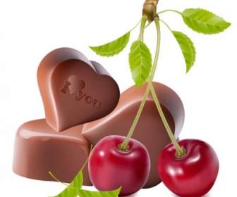 Heartshaped Chocolate And Cherry Vector