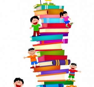 تسلق الأطفال كومة من الكتب