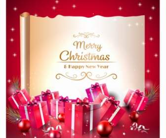 Luxury Christmas Greeting Card With Red Gift Boxes And Old Paper
