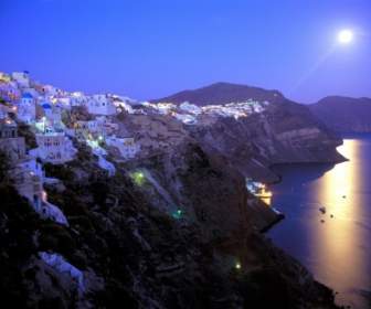Lever De La Lune Sur Santorin Fond D'écran World De La Grèce