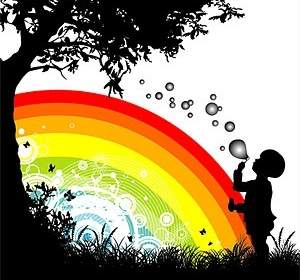 人樹鮮花和彩虹剪影向量