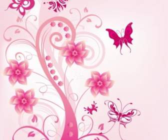 Pink Bunga Berputar Dengan Butterfies Vektor Ilustrasi