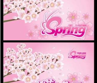 분홍색 봄 꽃이 만발한 복숭아 국기 매달려 오픈
