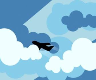 구름을 통해 비행 하는 비행기 실루엣