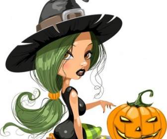 Penyihir Cantik Dengan Halloween Vektor Ilustrasi