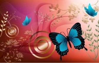 赤い背景のある花と青い蝶グラフィック デザインをベクトルします。