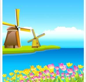 Riverside Windmill Flowers Vector