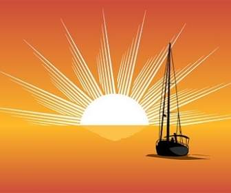 เวกเตอร์รูปเงาดำของเรือใบที่พระอาทิตย์ตกทะเล