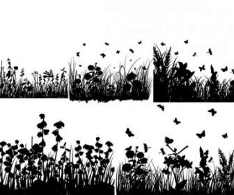 Several Grass And Butterflies Silhouette Vector