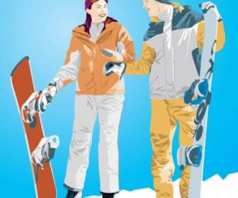 Snowboard Boy Amp Gadis Ilustrasi
