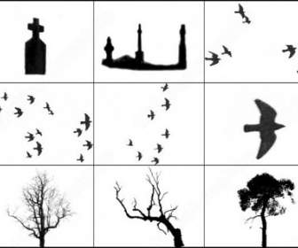 Spooky Mist Birds Gravestones And Trees Brush