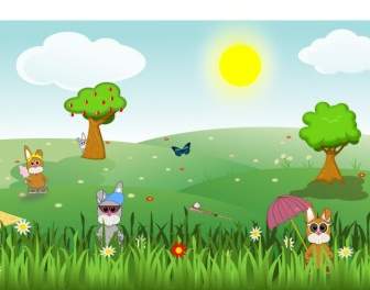 Summer Green And Sunny Landscape With Bunnies Trees Flowers Butterfly Apples Sports