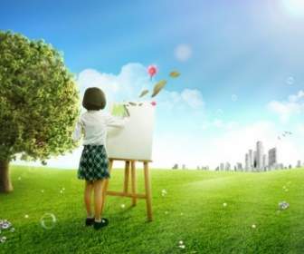 The Grass Painting Scenery Little Girl Psd Layered