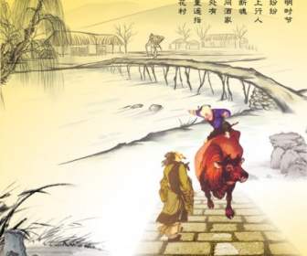Die Landschaftsmalerei Des Trauerweide Hirte Qingming-Psd-Bildes