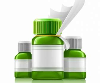 Three Green Medical Bottles With Medication