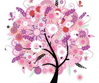 Pohon Dengan Bunga Vektor Ilustrasi