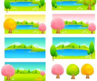 Trees And Water Color Vector