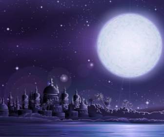 Under The Full Moon The Ancient City Of Vector Ancient City Under Full Moon