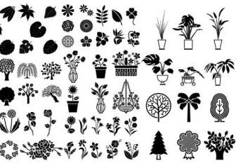 Various Elements Of Vector Silhouette Flowers And Trees Elements