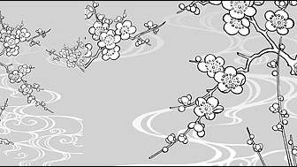 Vektor-Strichzeichnung Von Blumen Pflaumen Blühen Fließendes Wasser