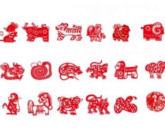9 つの中国の伝統的な Papercut 動物のベクトル